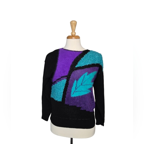 Color Block Granny Goodness Vibrant 3D Knit Flashy Geometric 80s Sweater Size LG - Picture 1 of 5